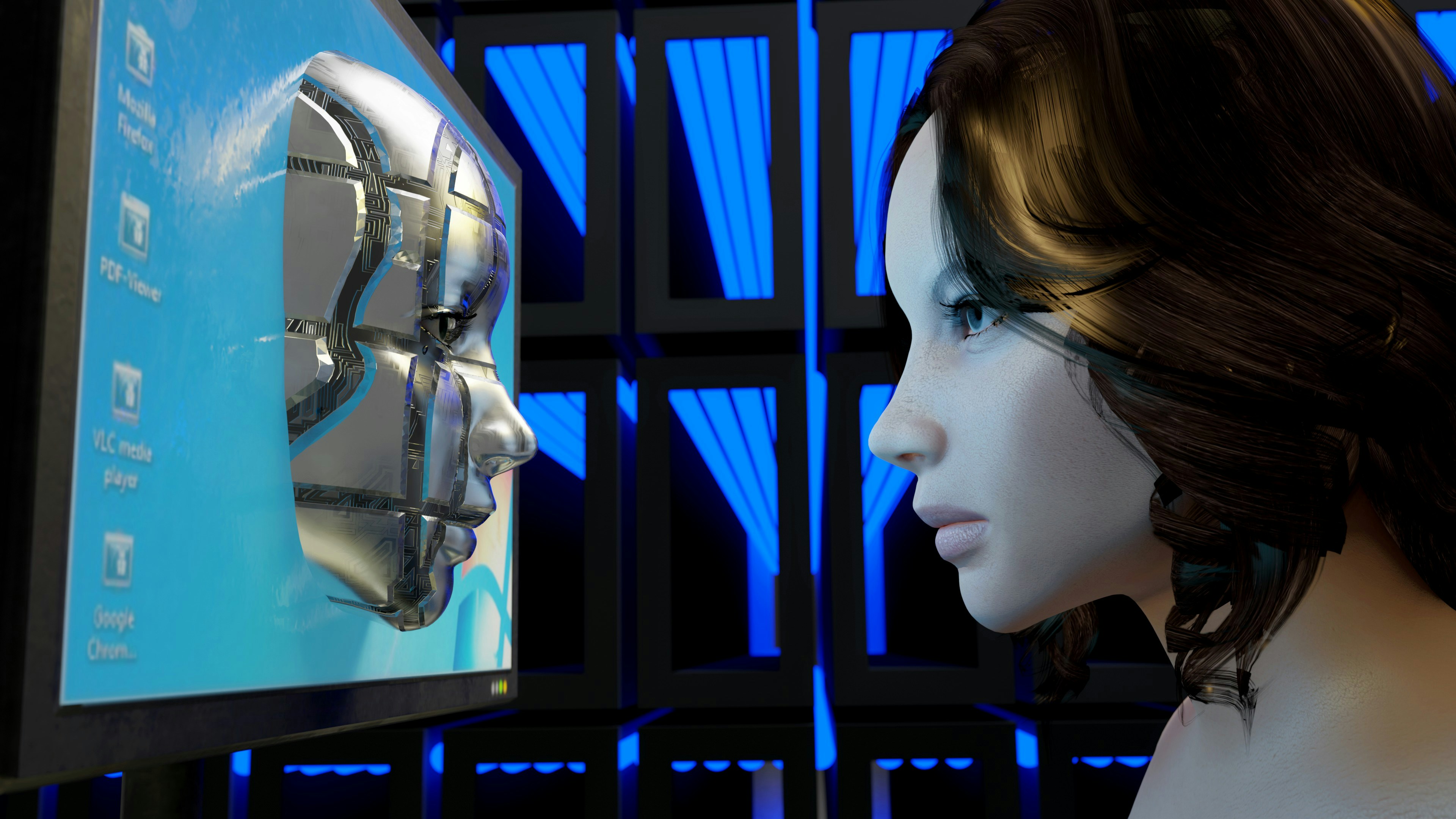 Woman looking at computer screen and robot emerging from the screen.