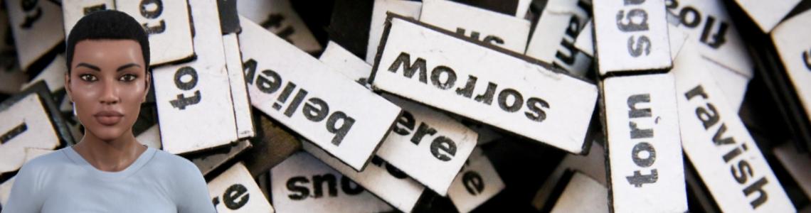 Word tiles strewn upon a table. There is a bot in the foreground.